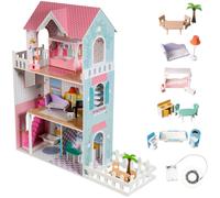 Mamabrum Maison de Poupée en Bois XXL avec LED - Grande Maison 3 Étages avec Meubles, Jardin et Accessoires - Jeu Créatif et Éducatif dès 3 Ans - Design Pastel et Sécurisé