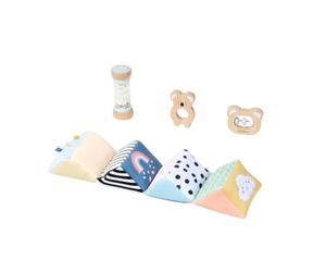 Mamabrum Jeu De Jouets Sensoriels Hochet Cube 6m+ | Ensemble de 6 m+ avec cliquet de pluie, cube sensoriel pliable et 2 jouets en bois.