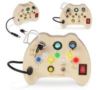 Mamabrum Jouet Enfant 3 Ans, Tableau d'activités en Bois avec 7 LED et clé | jouet sensoriel, 220 g, levier métallique, commandes variées, piles AAA non fournies, interrupteurs, fiche à brancher