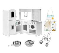 Mamabrum Kit Cuisine Enfant Bois avec Tablier - Cuisine d'angle XXXL, Frigo, Four, Micro-Ondes, Lave-Linge, ÉVier et Accessoires - Jeu Chef Enfants 3+ Ans (15 Articles)