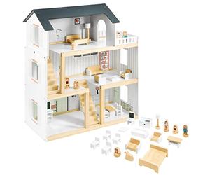 Mamabrum Maison de Poupée en Bois 3 Étages - Maison XXL avec Terrasse, 4 Figurines & 18 Meubles - Jouet Éducatif pour Enfant 3 - Maison de Poupée Style Barbie, Sylvanian & Playmobil