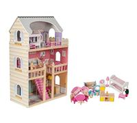 Mamabrum Maison de Poupée en Bois avec LED - XXL 3 Étages + Terrasse - avec Meubles, Salle de Bain, Cuisine - Jouet Éducatif Sécurisé dès 3 Ans