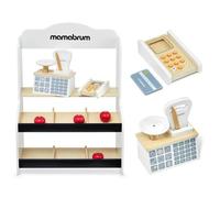 Mamabrum Marchande Enfant en bois 67 *46,5 *22 cm - Stand Vendeur Balance, Terminal avec Carte & 4 Pommes - Couleurs Ecologiques