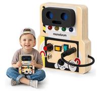 mamabrum Panneau de Manipulation de Robot LED avec Son 3+ | Busy board 3+ en forme de robot avec 4 LED, son, bouton, interrupteurs, levier et câble.