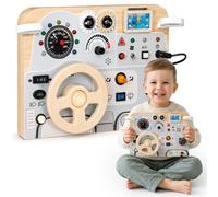 Mamabrum Panneau de manipulation en bois Tableau de bord de voiture 3+ | Cockpit 3+ avec volant, klaxon, vitesses, clé, lumières, sons, radio et carte des routes à l'arrière.