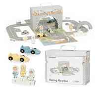 Mamabrum Piste de course en bois pour enfants à partir de 3 ans, Valise magnétique avec piste de voiture, véhicules et accessoires routiers, piste de rallye pliable pour enfants avec voitures incluses