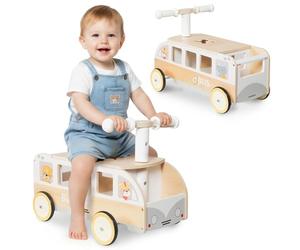 Mamabrum Porteur en Bois Forme Bus - Voiture Jouet Bébé avec Coffres, Siège Peluches, Roues Antidérapantes, Design Naturel, Motricité et Équilibre, dès 12 Mois