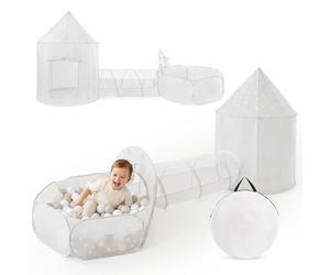 Mamabrum Set de Jeu 3 en 1 Château, Tunnel et Piscine à Balles en Polyester, Design Étoiles Blanc et Gris, 345 × 72 × 145 cm, pour Enfants dès 36 Mois