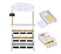 mamabrum Stand Marchande Enfants en Bois 99CM - Jeu d'Imitation avec Caisse Enregistreuse, Terminal de Paiement, Fruits, Légumes, Tableau de Craie (15 Items)