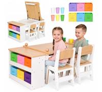 mamabrum Table Enfant avec 2 chaises Rangement et Rouleau Papier | Ensemble créatif dès 3 ans avec table, 2 chaises, plateau relevable, rouleau de papier, 6 bacs et 6 pots de rangement.