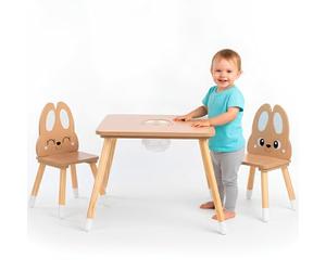 mamabrum Table Enfant avec Rangement - Set en Bois avec 2 Chaises Oreilles de Lapin - 67x67 cm - Apprentissage et Jeux dès 3 Ans