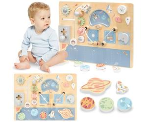 mamabrum Tableau d’Activité en Bois XL Espace - Jouet Éducatif pour Enfants 18 Mois+ - Boutons, Disques, Labyrinthe, OVNI - Développe Motricité & Imagination