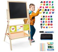 Mamabrum Tableau Enfant en bois 98 x 45 x 42 cm double face magnétique et craie - Tableau Blanc Magnétique - Chevalet Enfant avec Montre, Alphabet, étagère de rangement et accessoires