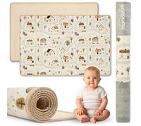 Mamabrum Tapis de Jeu Réversible 180x120 cm pour Bébé et Enfant, Surface Souple en Mousse XPE pour Ramper et Jouer, Motif Jolie Petite Ville/Beige Sable, Sous-Couche Légère et Enroulable