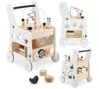 Mamabrum Tapis de marche et trotteur pour bébé 6 en 1 - Table éducative en bois avec abaque, engrenages et jeux - Centre d'activités pour premiers pas - 31 x 28 x 49 cm