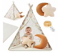 Mamabrum Tente Enfant Intérieur Beige Forêt avec Tapis Rembourré, Coussins Décoratifs et Guirlande LED, Cabane de Jeu Chambre dès 3 Ans