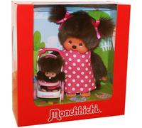 Sekiguchi 254930 Poupée Originale Monchhichi, Maman et Enfant dans la Poussette, en Peluche Marron, avec Robe et Tresses avec nœuds, Environ 20 cm