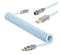 MAMBASNAKE C05 Câble USB C Aviator Enroulé Personnalisé pour Clavier de Jeu, Nylon Tressé, USB-A vers USB-C, Câble de Clavier Mécanique Spiralé avec Connecteur d'Aviation en Métal CNC, 4.92ft - Bleu
