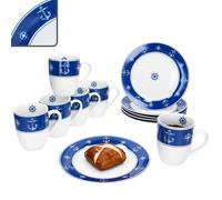 MamboCat Ahoi Service de petit-déjeuner 12 pièces en porcelaine I Design marin bleu et blanc avec ancre et volant I 6 assiettes à gâteau et tasses à café pour 6 personnes | Petit déjeuner et café
