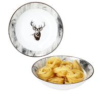 MamboCat Alois - Lot de 2 bols de service - Diamètre : 23 cm - 1 l - En porcelaine blanche - Avec décor cerf et aspect bois - Pour pommes de terre, boulettes, légumes, dessert, soupe, etc.