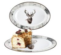MamboCat Alois Lot de 2 plateaux de service ovales - 35,5 x 24,3 cm (L x l) - Assiette allongée en porcelaine avec décor cerf et aspect bois - Pour sushis, antipasti, tapas et autres