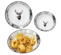 MamboCat Alois Lot de 3 bols de service I 650 ml, 1 l et 1,3 l I Bol haut blanc en porcelaine avec décor cerf et aspect bois pour pommes de terre, boulettes, légumes, dessert, soupe, etc.
