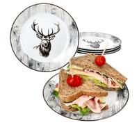 MamboCat Alois Lot de 6 assiettes à gâteau I Assiettes petit-déjeuner en porcelaine avec décor cerf pour 6 personnes I Petites assiettes pour salade, dessert, amuse-bouches, etc.
