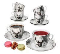 MamboCat Alois Lot de 6 tasses à café avec soucoupes pour 6 personnes I Service en porcelaine avec décor cerf pour le petit-déjeuner et le café I 6 tasses à thé de 200 ml et 6 soucoupes