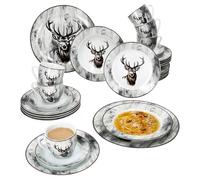 MamboCat Alois Service de table 30 pièces en porcelaine avec décor cerf pour 6 personnes - 6 tasses de 200 ml, 6 soucoupes, assiettes à gâteau, assiettes creuses et plates