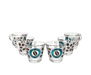 MamboCat Cremona Lot de 6 tasses à expresso en verre avec anse - Bleu - 60 ml - Aspect verre dépoli avec grains d'expresso et inscription - Alternative pour Lungo, Americano, Ristretto & Co