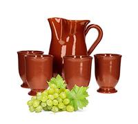 MamboCat Ensemble de 5 pièces : pichet en argile 1 l + 4 gobelets en argile de 175 ml Vaisselle en argile robuste marron émaillé Tasses de service Tasses à boire Cuisine méditerranéenne Vin Fête
