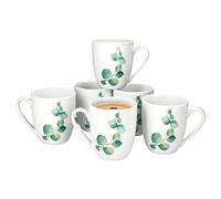 MamboCat Eucalyptus Lot de 6 tasses à café I 340 ml, hauteur 10,5 cm I Gobelets en porcelaine blanche avec anse pour 6 personnes I Tasses avec décor de plantes vertes pour boissons chaudes comme le