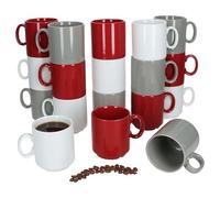 MamboCat Event Trio Lot de 18 tasses à café, 250 ml, grises, rouges et blanches, en porcelaine, avec anse, pour 18 personnes, empilables pour thé, cacao, latte macchiato, etc
