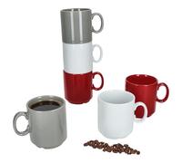 MamboCat Event Trio Lot de 6 tasses à café, 250 ml, grises, rouges et blanches, en porcelaine, avec anse, pour 6 personnes, empilables pour thé, cacao, latte macchiato, etc