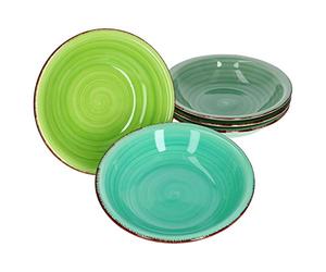 MamboCat Green Set 6 assiettes Assiettes à soupe vertes Vaisselle robuste en faïence verte pour 6 personnes Set 6 assiettes creuses Avec un décor tourbillonnant moderne de style campagnard