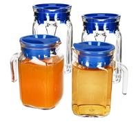 MamboCat Kora Lot de 4 pichets de réfrigérateur avec couvercle en plastique bleu I 0,5 l I Carafe carrée en verre avec bec verseur et anse pour thé glacé, eau, jus, lait, etc.