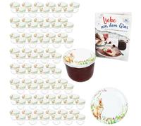 MamboCat Lot de 100 bocaux en verre de 230 ml avec couvercles à visser Osterfreude I Bocaux de conservation + to 82 couvercles avec lapins et fleurs I Pâques I avec livret de recettes de sucre diamant