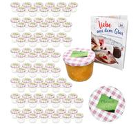 MamboCat Lot de 100 bocaux en verre de 230 ml avec couvercles Twist-Off Mins à carreaux roses I Bocaux de conservation + couvercles TO 82 + livret de recettes gratuit I Bocaux de conservation et