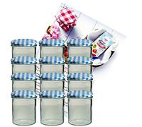 MamboCat Lot de 12 bocaux en verre de 350 ml avec couvercles bleu à carreaux To 82 et livret de recettes de la marque de sucre gélifiant Diamant (français non garanti)