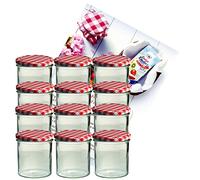 MamboCat Lot de 12 bocaux en verre de 350 ml avec couvercles rouges à carreaux To 82 + livret de recettes Diamant-Zucker Gelierzauber (français non garanti)