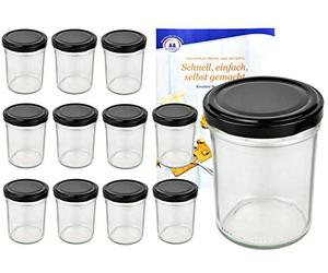 MamboCat Lot de 12 bocaux hauts en verre, contenance 230 ml, avec couvercle noir, To 66, livret de recettes inclus (français non garanti), pots de confiture, bocaux, bocaux de conservation, verres