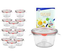 MamboCat Lot de 12 bocaux Weck en verre de 370 ml (1/4 litre) avec 12 couvercles en verre, 12 joints et 24 pinces avec livre de recettes de Diamant Zucker (français non garanti)