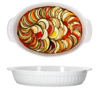 MamboCat Lot de 2 plats à four ovales avec anses I Blanc I en céramique I L 36 x l 23,7 x H 6,5 cm I 1,8 l I Moule avec poignées pour lasagnes, tiamisu, gratin, gâteau et autres I Plat à four