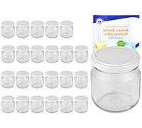 MamboCat Lot de 24 bocaux ronds en verre de 212 ml avec couvercle bas de couleur blanche to 66 avec livret de recettes Diamant Gelierzauber (français non garanti)
