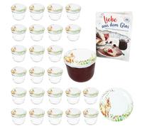 MamboCat Lot de 25 bocaux en verre de 230 ml avec couvercles à visser Osterfreude I Bocaux de conservation + to 82 couvercles avec lapins et fleurs I Pâques I avec livret de recettes de sucre diamant