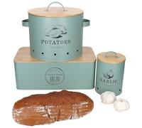 MamboCat Lot de 3 boîtes de conservation Fresh I 1 boîte à pain, 1 pot à pommes de terre et 1 pot à ail I Boîte en métal ventilée avec couvercle en bambou et inscription I Pour le rangement et le