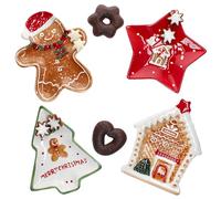 MamboCat Lot de 4 assiettes à biscuits de Noël I Petites assiettes en faïence I 1 x sapin de Noël, étoile, bonhomme en pain d'épice & maison I Assiettes à pâtisserie et assiettes à goûter I