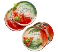 MamboCat Lot de 4 assiettes à pizza pour légumes et huile I Ø 31 cm I pour 4 personnes I Grandes assiettes à pizza en porcelaine avec décor et inscription I pour pizzas ou pour servir I Assiette de