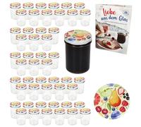MamboCat Lot de 50 bocaux en verre de 230 ml avec couvercles à visser en forme de fruits de bande dessinée + livret de recettes de sucre diamant I Bocaux de conservation et conservation