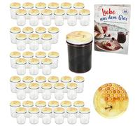 MamboCat Lot de 50 bocaux en verre de 230 ml avec couvercles à visser TO 66 pour miel et livret de recettes de sucre diamanté I Bocaux de conservation et conservation